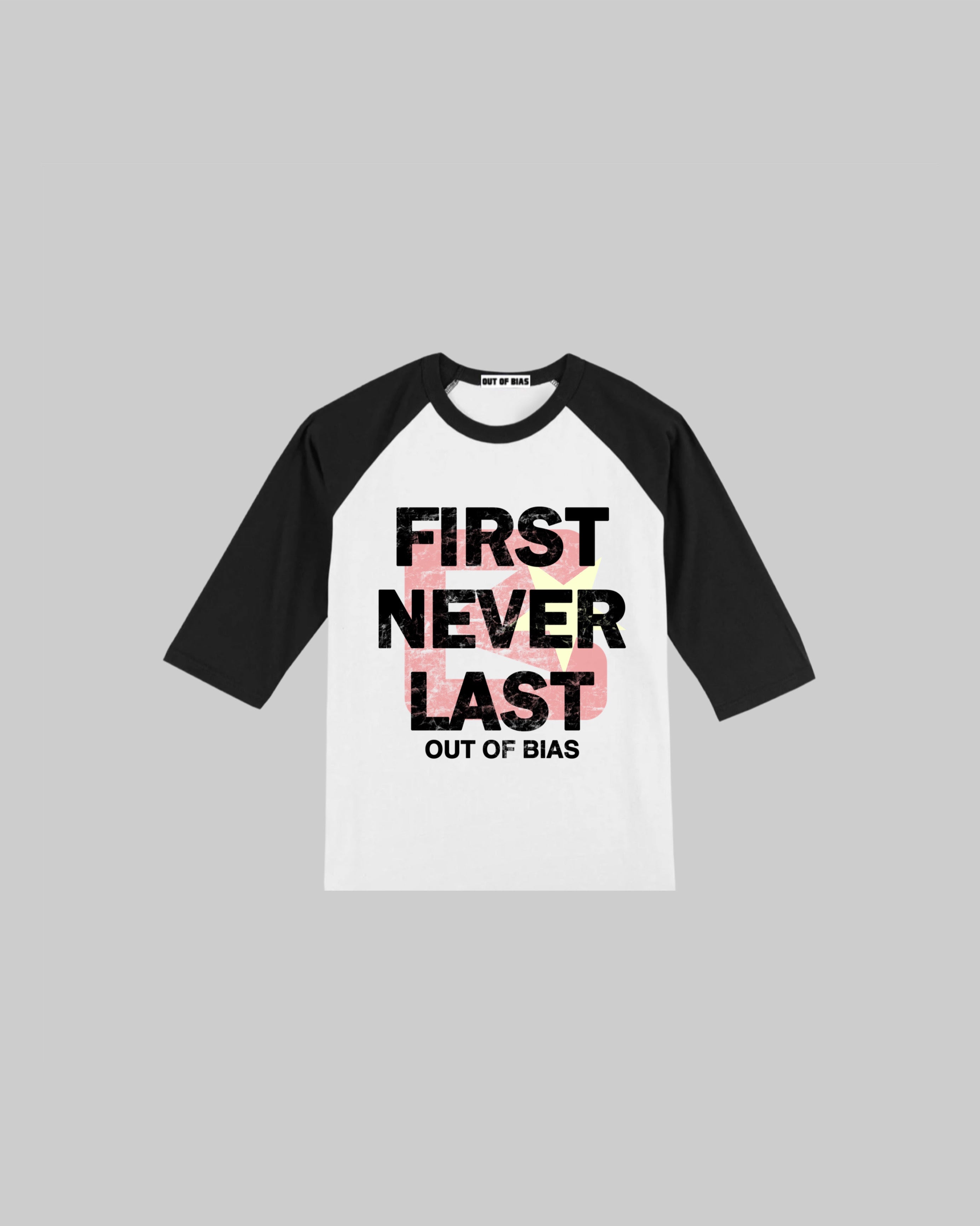 FIRST NEVER LAST LOGO RAGLAN TEE IN WHITE &  BLACK. BOXY FIT WITH RAW HEM FEATURING FIRST NEVER LAST SCRIPT & LARGE “B” LOGO PRINT ON FRONT. EXPECTED SHIPPING TIME 10-15 DAYS.